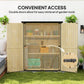 Natural wood storage shed with double doors and see-through cover over interior items