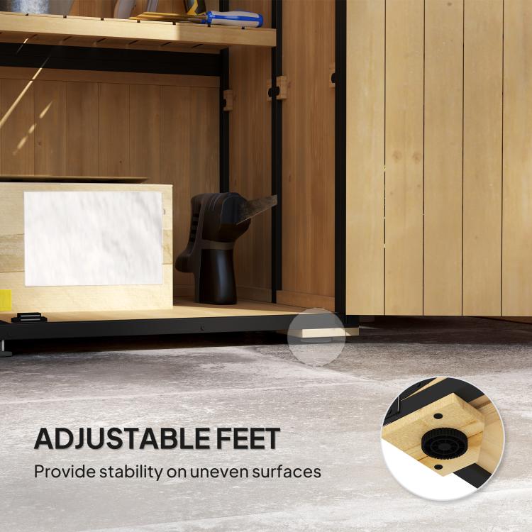 Natural wood shed doorway detail showing interior space and adjustable feet base