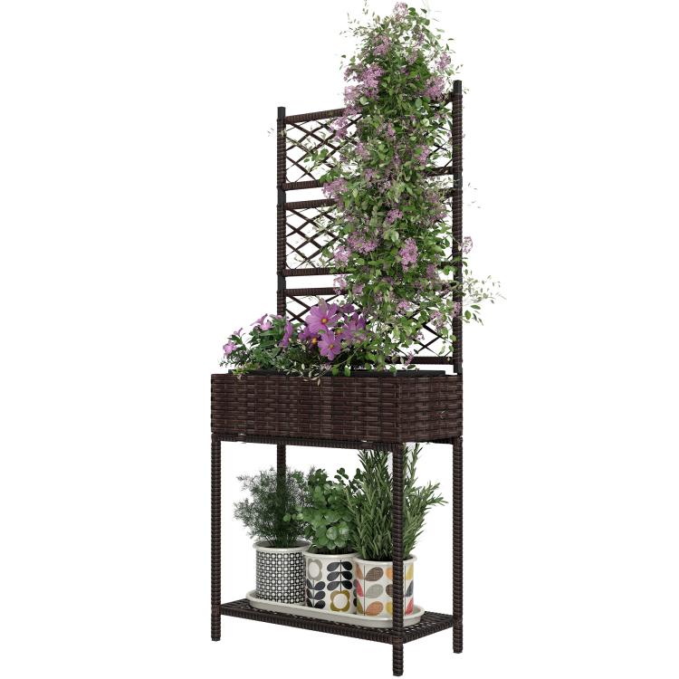 Freestanding brown wicker planter with tall trellis and two-tier plant shelf