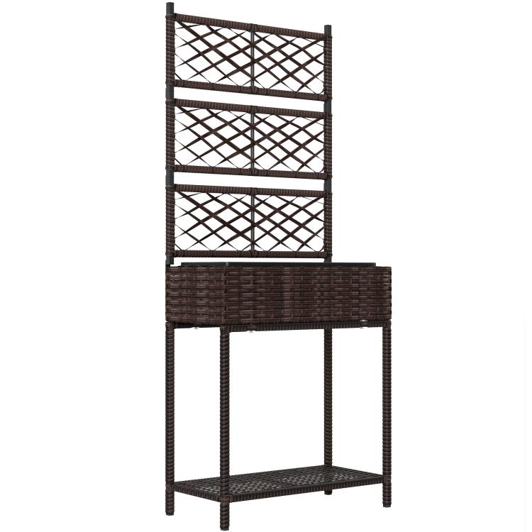 Rattan planter with lattice trellis panel and open lower storage shelf, brown