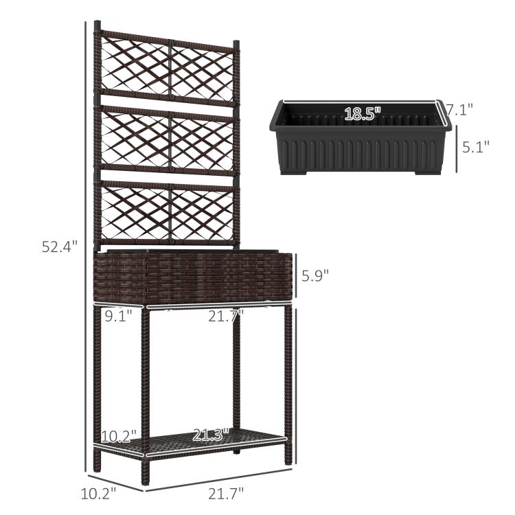 Brown wicker planter with trellis and dimensions view, open bottom storage shelf