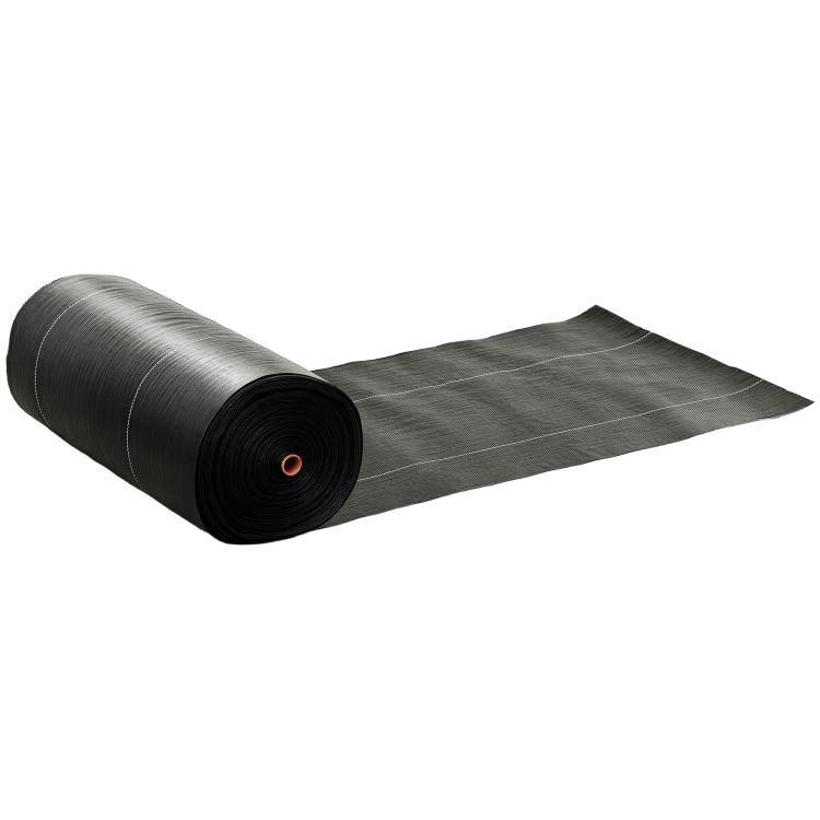 Dark gray weed barrier landscape fabric roll with visible woven texture and stitching