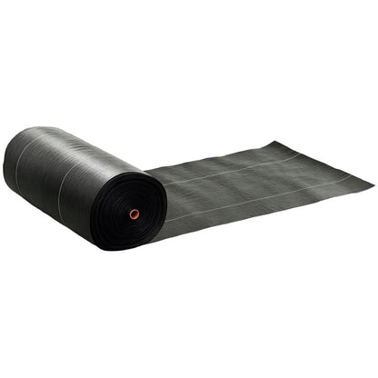 Dark gray weed barrier landscape fabric roll with visible woven texture and stitching