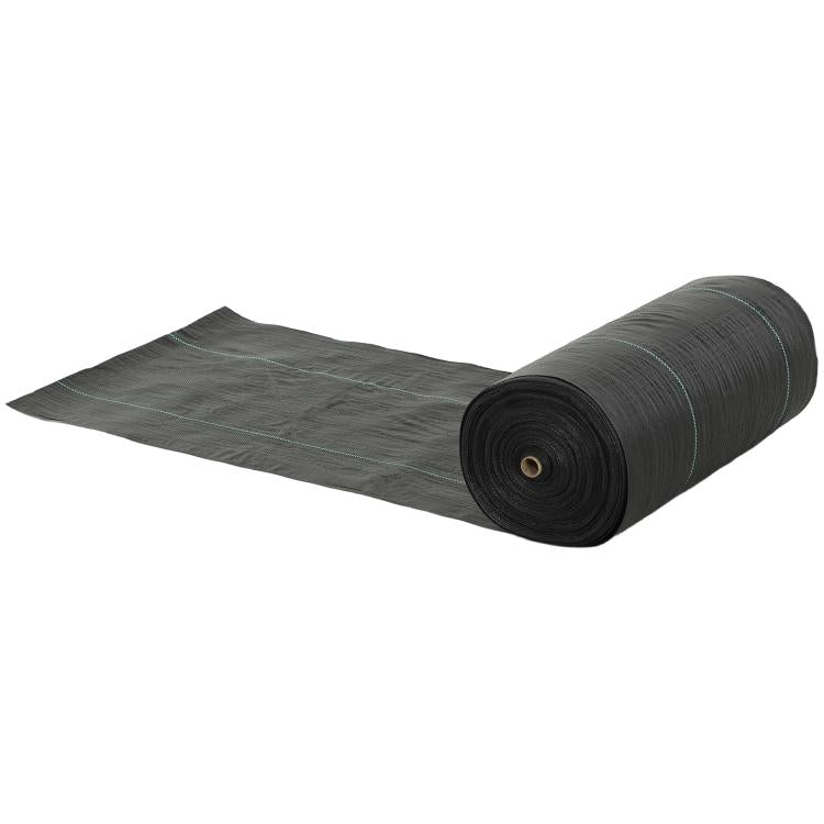 Dark gray weed barrier fabric roll with unfolded sheet, woven texture visible
