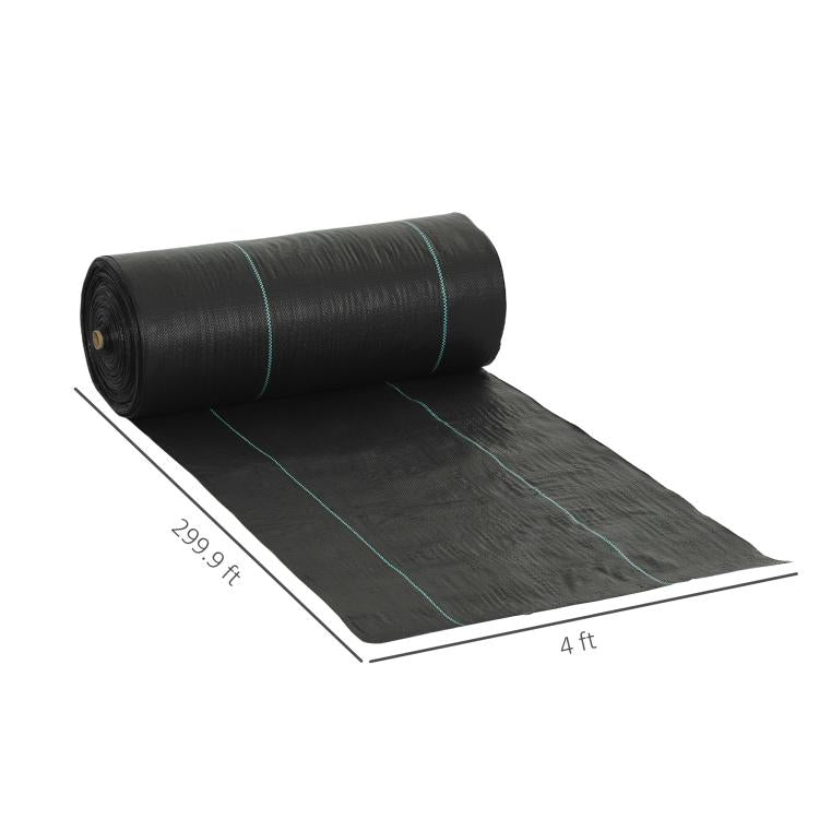 Rolled dark gray weed barrier fabric with teal edge stitching lines