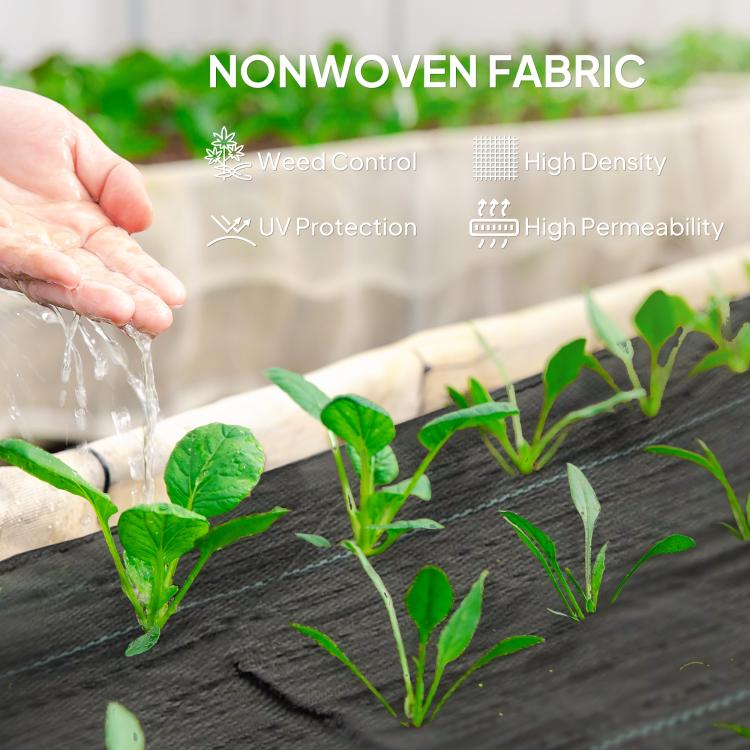 Dark gray weed barrier fabric in a planting area with seedlings through holes