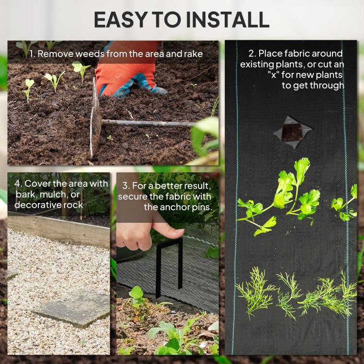 Weed barrier fabric sheet being cut and covered with landscaping material