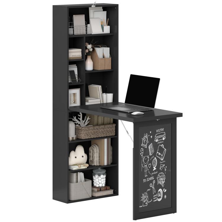Black fold-out wall desk cabinet with open shelves and chalkboard writing panel