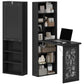 Black wall-mounted fold-out desk with open storage shelves and chalkboard door