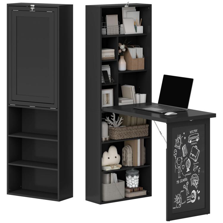 Black wall-mounted fold-out desk with open storage shelves and chalkboard door