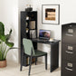 Black wall-mount fold-out desk with open shelves and chair beside it