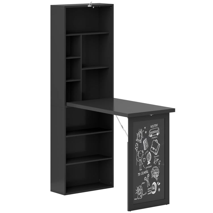 Black fold-out wall desk cabinet with chalkboard door and integrated shelf