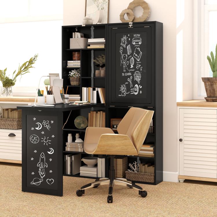 Black fold-out office desk cabinet with chalkboard panel and open book storage