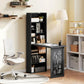 Black wall desk with open shelving compartments, folded counter, and chalkboard panel