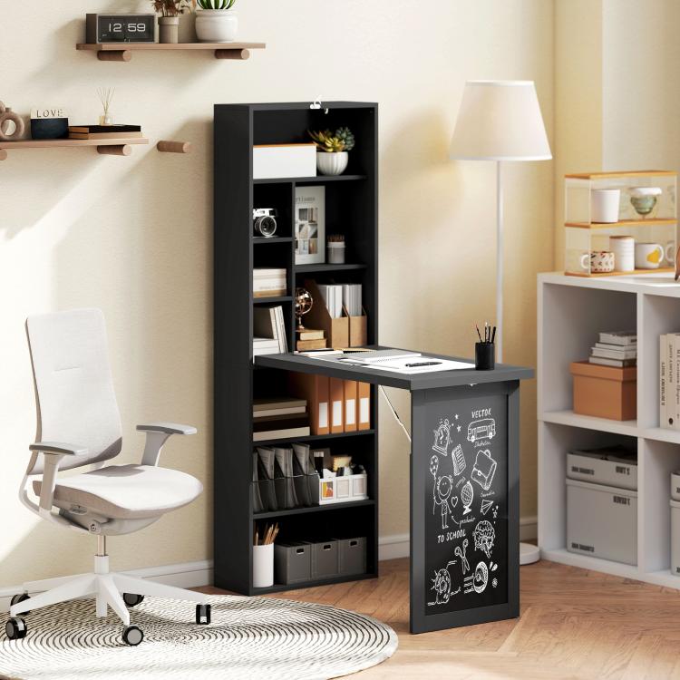 Black wall desk with open shelving compartments, folded counter, and chalkboard panel