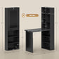 Black fold-out desk cabinet with labeled dimensions, open side compartments, and writing panel