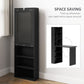 Black space-saving fold-up wall desk cabinet with open shelves and writing panel