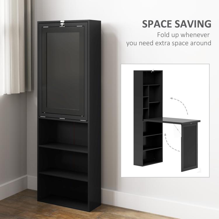 Black space-saving fold-up wall desk cabinet with open shelves and writing panel