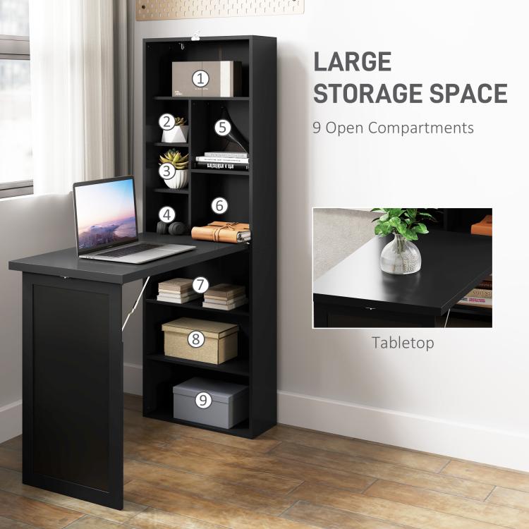Black fold-out office desk with open shelves, tabletop, and chalkboard writing panel