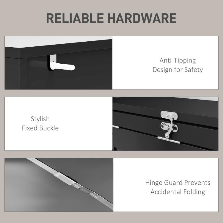 Black fold-out desk hardware details: fixed buckle and hinge guard for safety