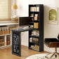 Black fold-out wall desk with open shelves, countertop, and chalkboard side panel