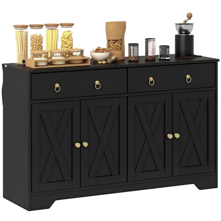 Black farmhouse sideboard with two drawers and barn-style cabinet doors, ring knobs.