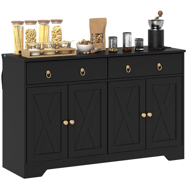 Black storage sideboard with four barn-style doors, two drawers, and brass ring knobs.