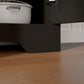 Black farmhouse sideboard cabinet with doors and drawers, lower corner view