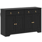 Black farmhouse kitchen sideboard with barn-style doors and drawers, front view