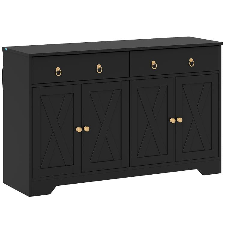 Black farmhouse kitchen sideboard with barn-style doors and drawers, front view