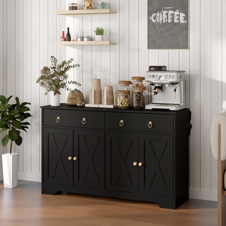 Black farmhouse buffet cabinet with barn-style doors, two drawers, and brass ring knobs.