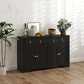 Black kitchen sideboard cabinet with barn-style doors and two drawers, ring pull knobs.