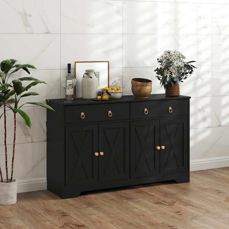 Black kitchen sideboard cabinet with barn-style doors and two drawers, ring pull knobs.