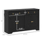 Black sideboard cabinet with barn-style doors and two drawers, front view with dimensions.