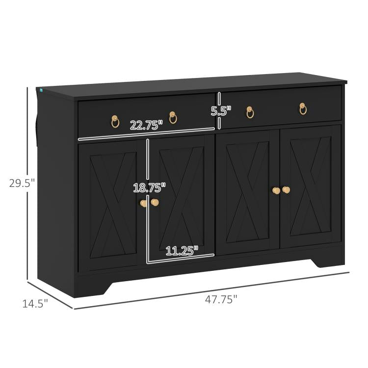 Black sideboard cabinet with barn-style doors and two drawers, front view with dimensions.