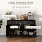 Black sideboard with open storage compartments, two drawers, and double-door cabinet area.