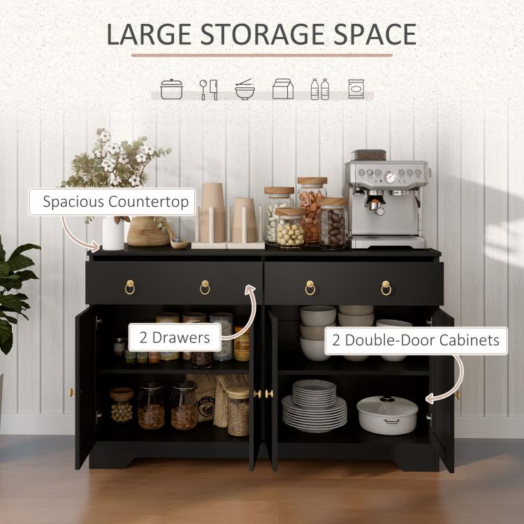 Black sideboard with open storage compartments, two drawers, and double-door cabinet area.