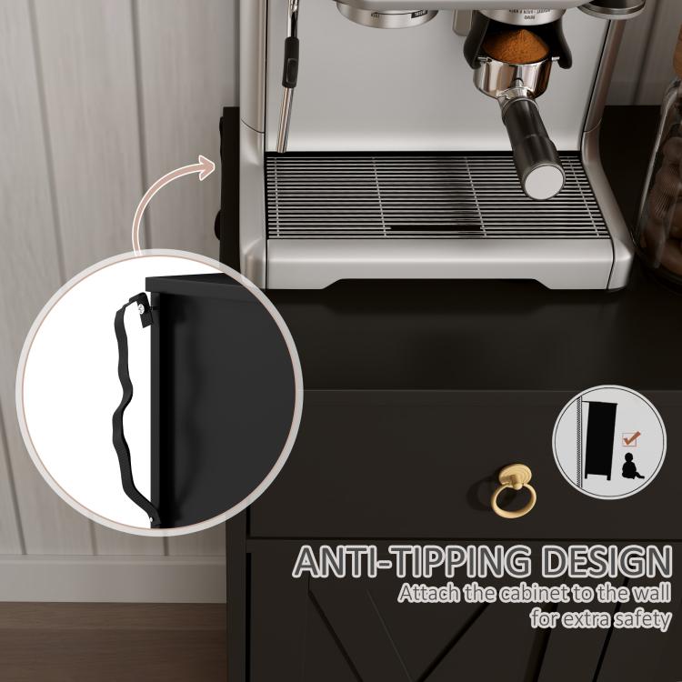 Black sideboard base with anti-tipping hardware and mounting bracket for safety.