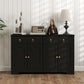 Black farmhouse buffet cabinet with barn-style doors, two top drawers, and ring knobs.