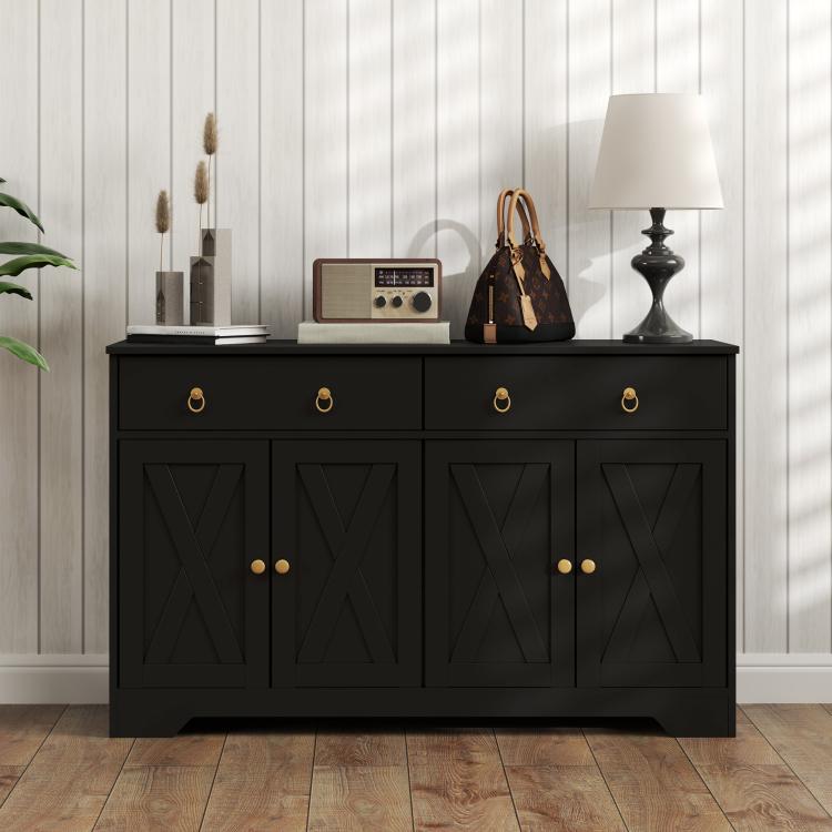 Black farmhouse buffet cabinet with barn-style doors, two top drawers, and ring knobs.