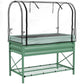 Green metal raised garden bed with legs, bottom shelf, and clear zip cover