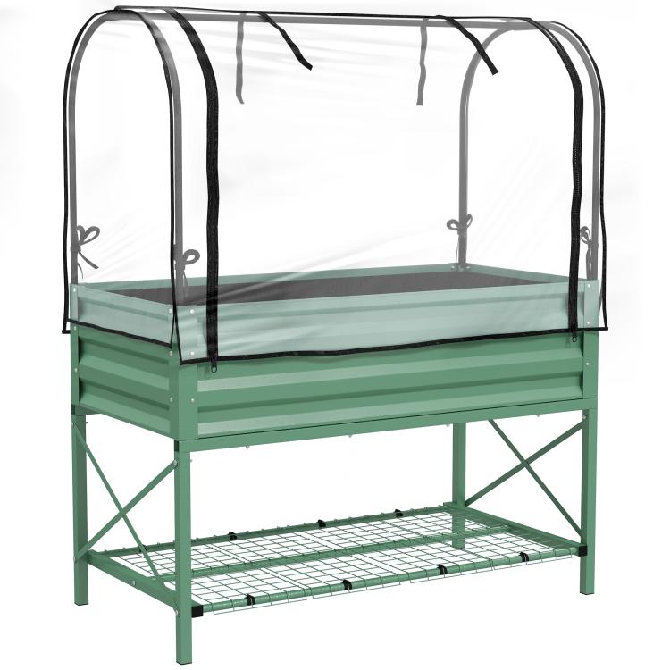 Green metal raised garden bed with legs, bottom shelf, and clear zip cover