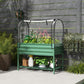 Green metal greenhouse-style raised bed with clear cover and lower storage shelf