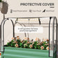 Green raised planter with clear roll-up door cover and arched protective frame