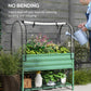 Green raised garden bed with clear protective cover and outdoor watering action