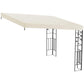 Outdoor pergola canopy with cream top and hanging black metal frame side panels