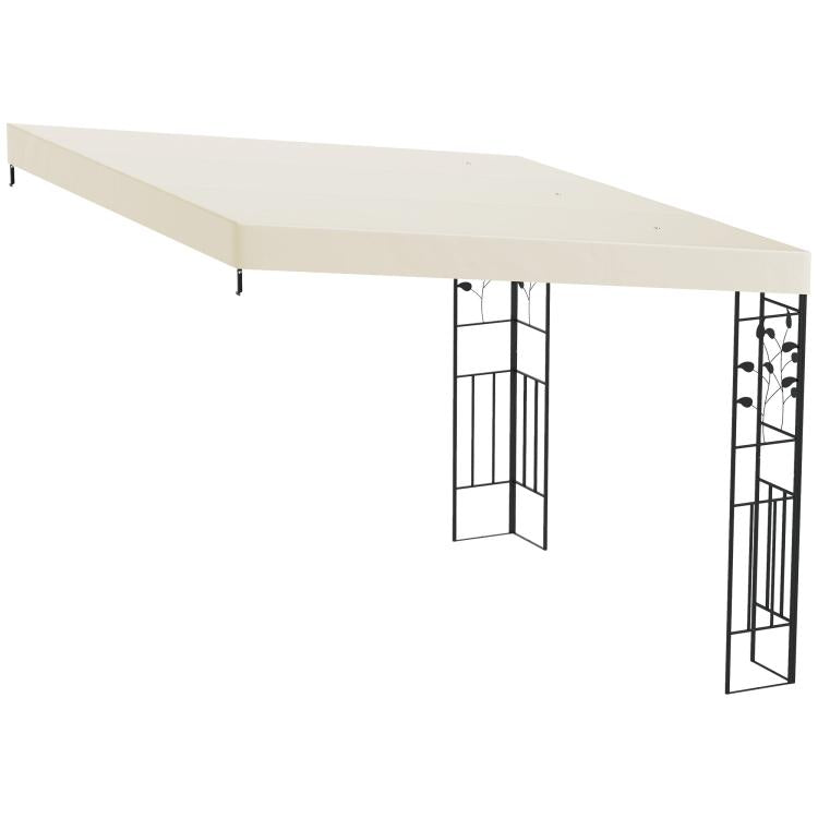 Outdoor pergola canopy with cream top and hanging black metal frame side panels