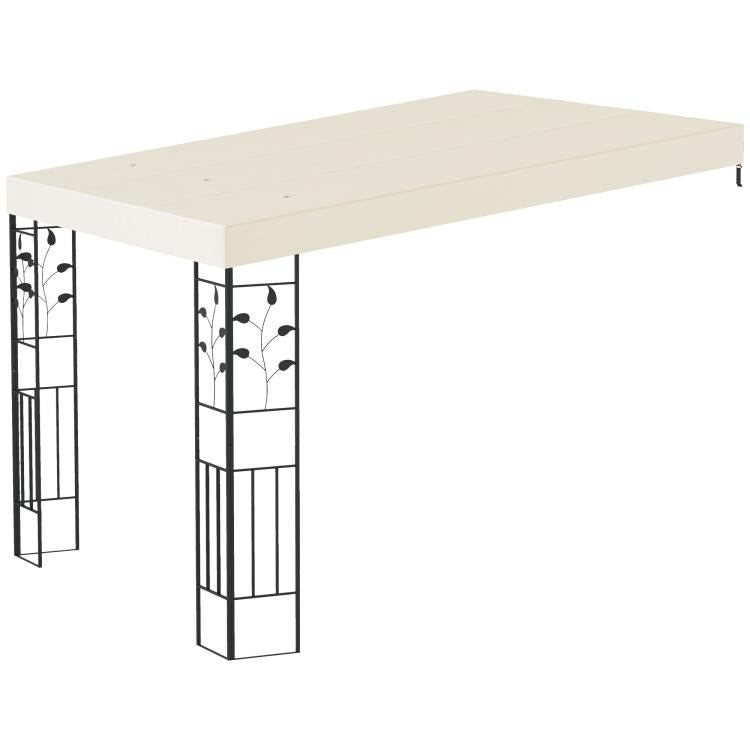 Cream white pergola canopy top with black metal corner posts and lattice panels