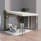 Outdoor pergola canopy with cream roof and black metal support posts