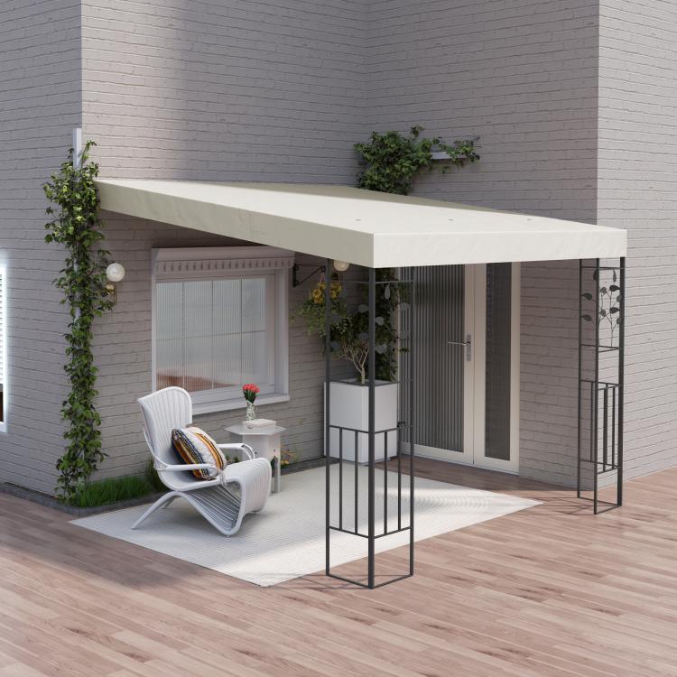 Outdoor pergola canopy with cream roof and black metal support posts